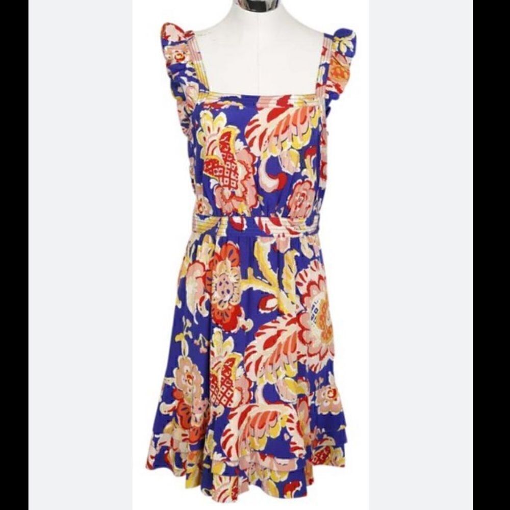 Tory Burch Blue Peach Multi Silk Sleeveless Ruffle with Floral